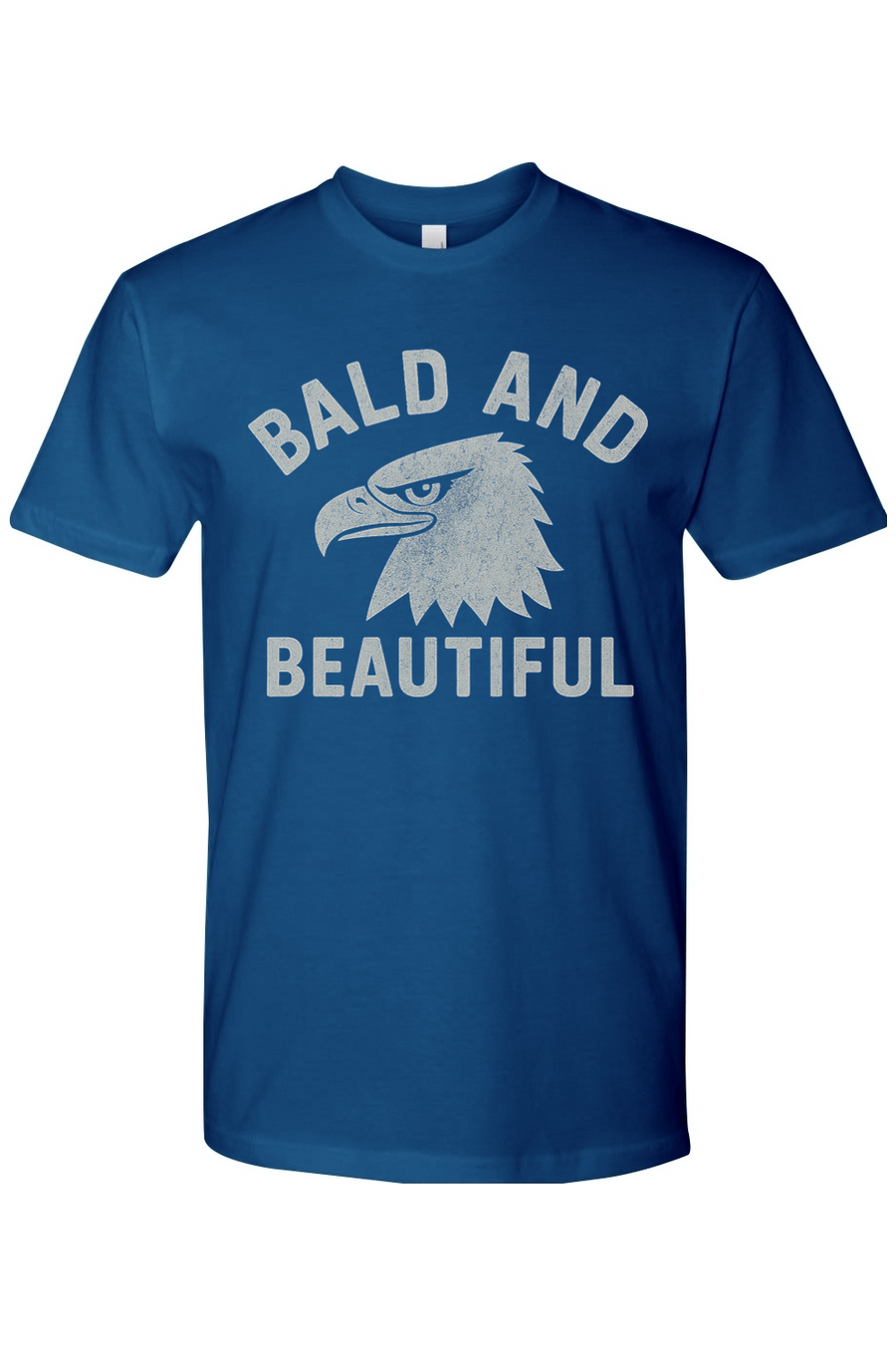 Blue t-shirt with an eagle graphic and 'Bald and Beautiful' text.