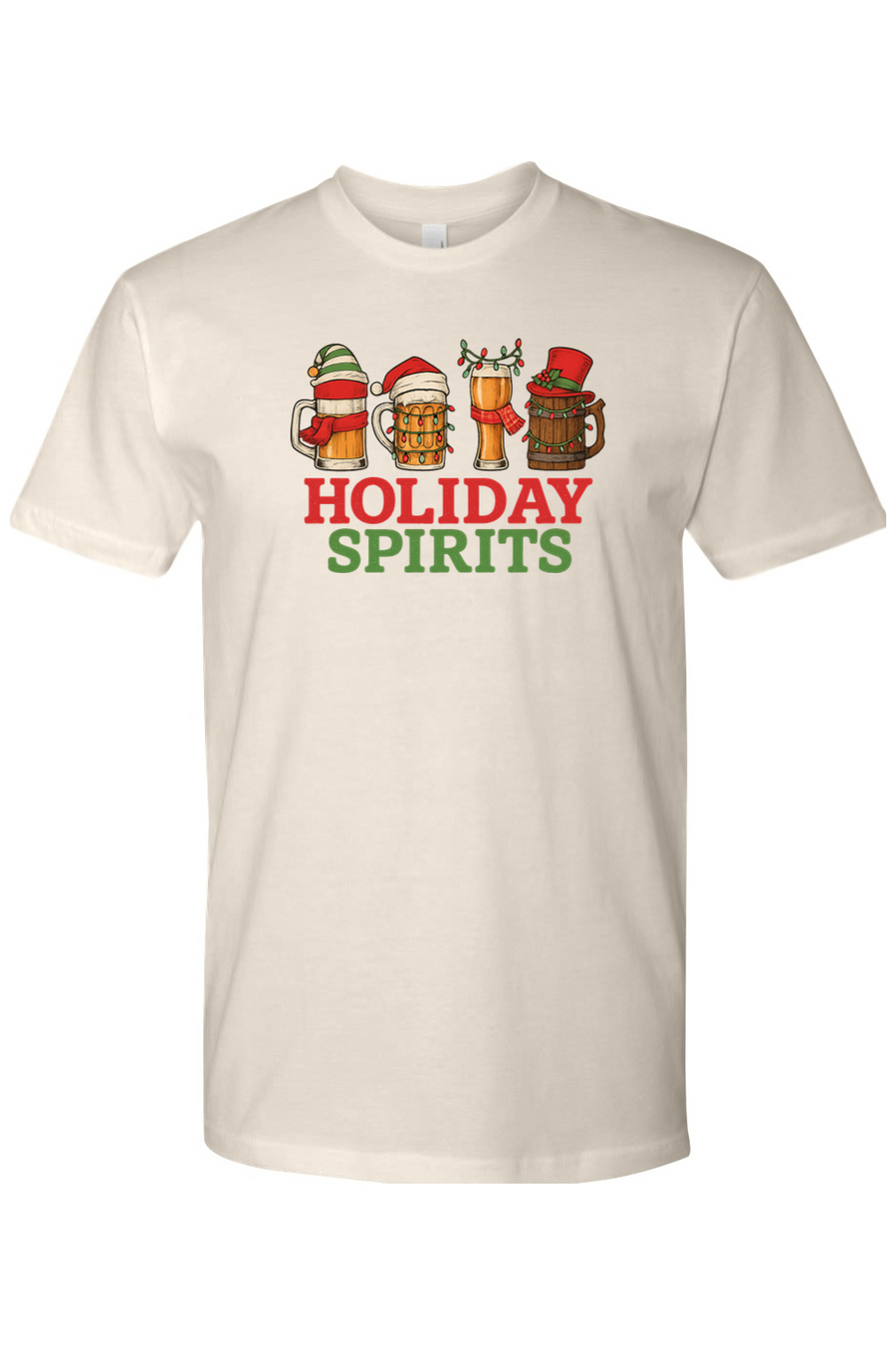 Beige cream funny Christmas beer t-shirt text Holiday Spirits with beer mug design