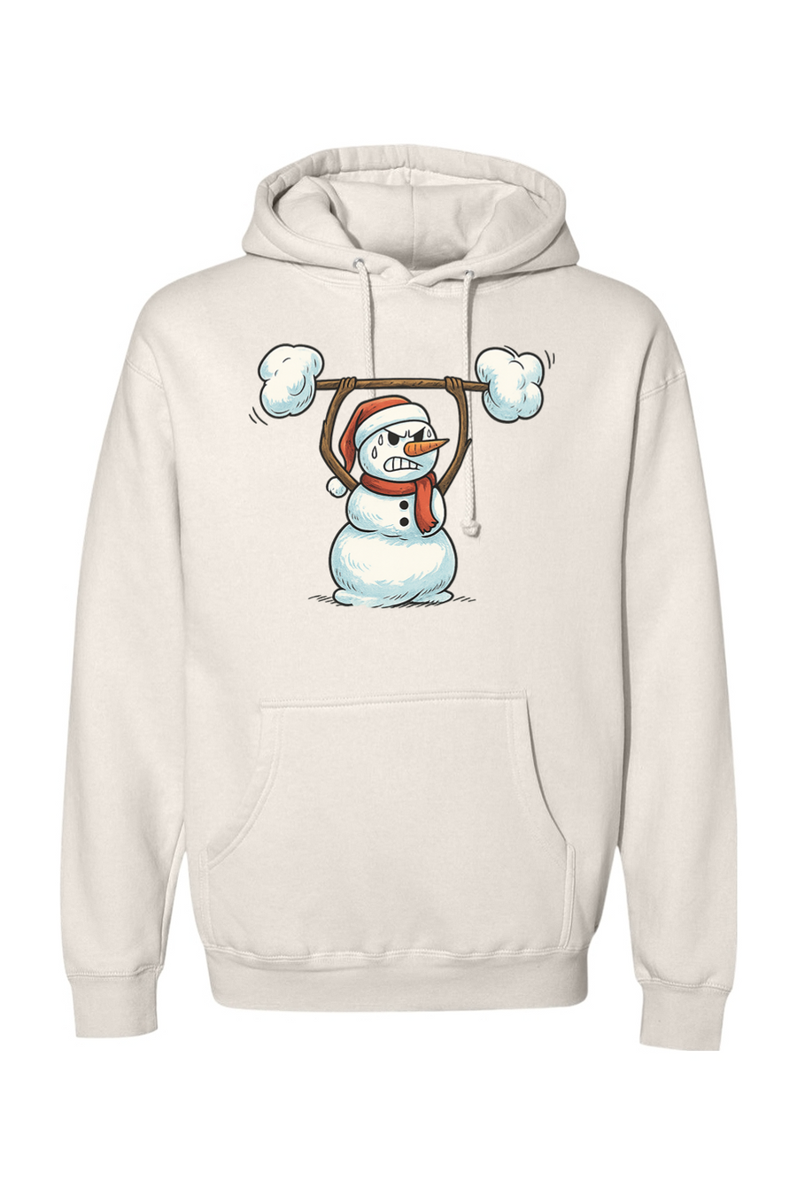 Beige Christmas hoodie with a snowman lifting a snow barbell design funny gym humor festive holiday long sleeve hooded sweatshirt