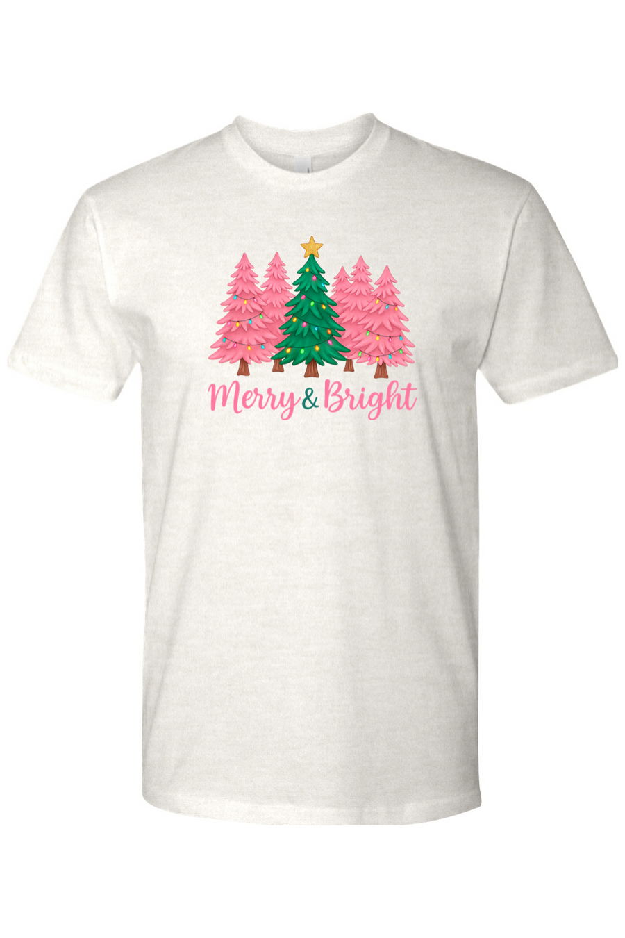 Light beige Christmas t-shirt with pink and green Christmas trees design with text