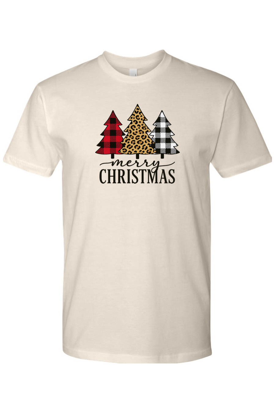 Beige cream Christmas t-shirt with plaid and leopard print Christmas trees design and