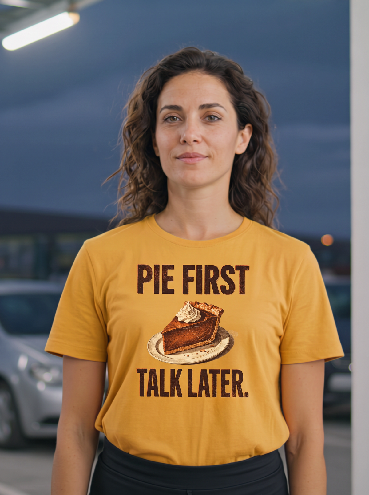 Pie First Talk Later T-Shirt - Mustard (lifestyle)