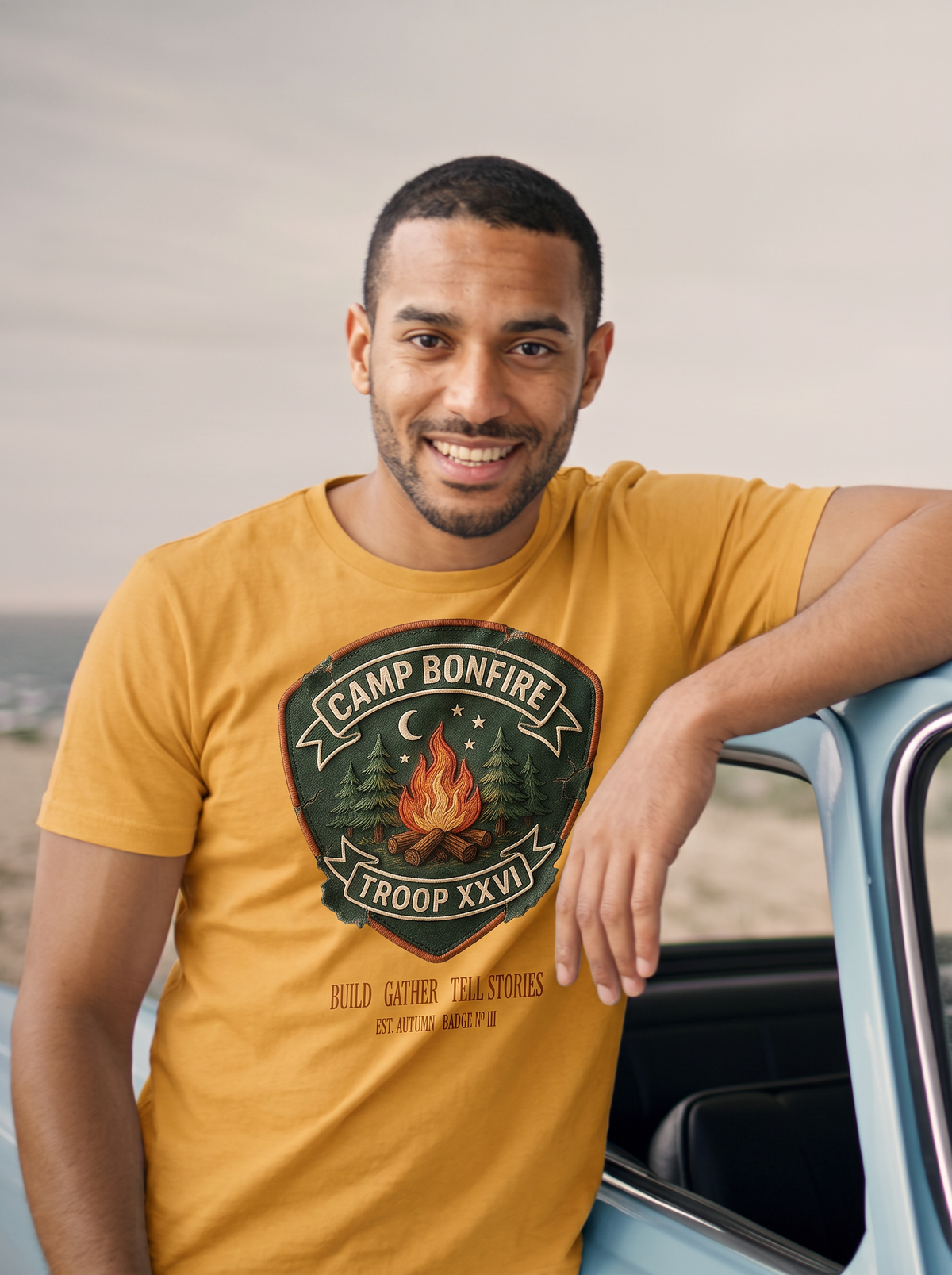 Camp Bonfire Troop Badge T-Shirt - Mustard (lifestyle)