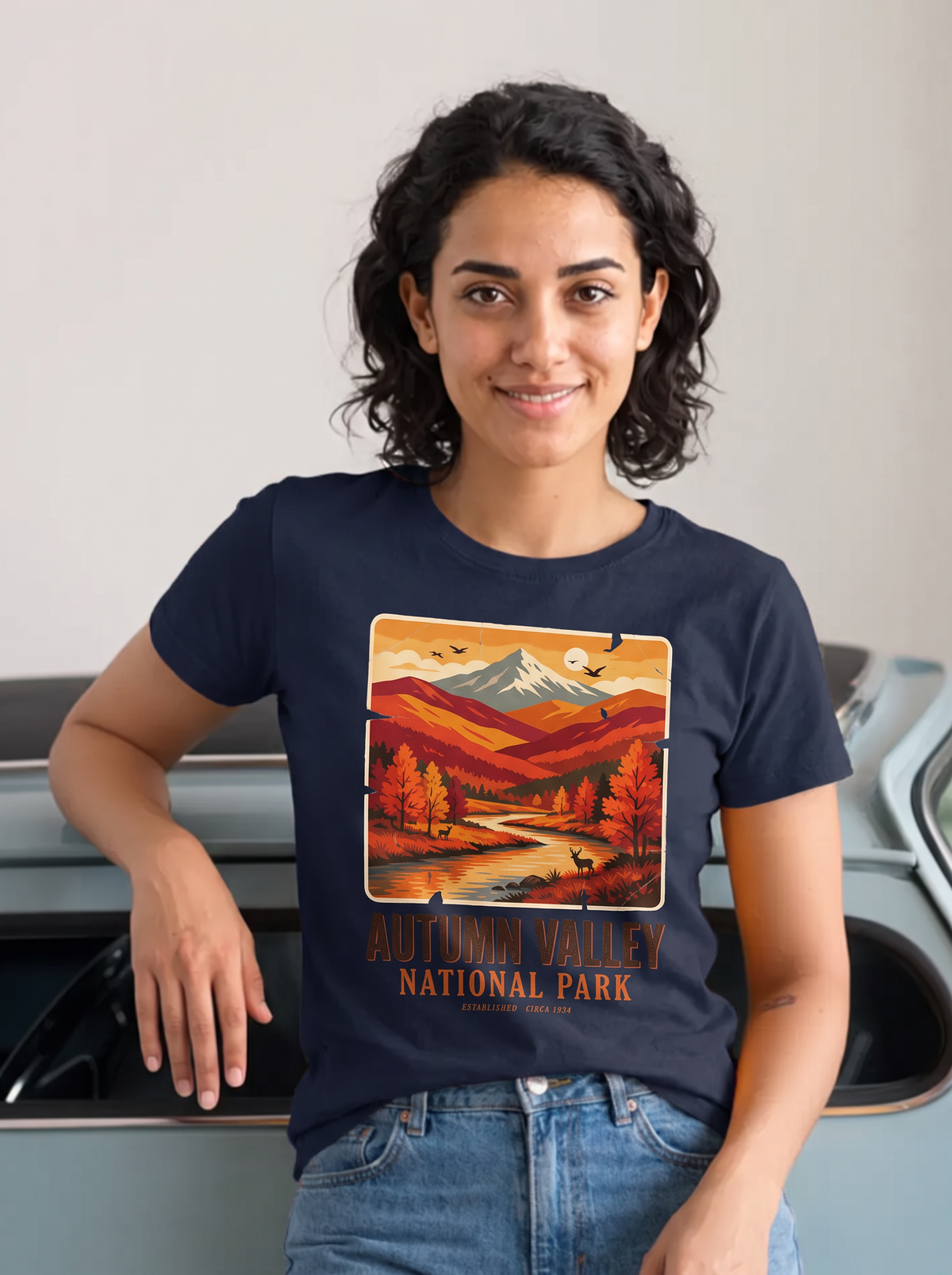 National Park Fall Travel Poster T-Shirt - Navy (lifestyle)