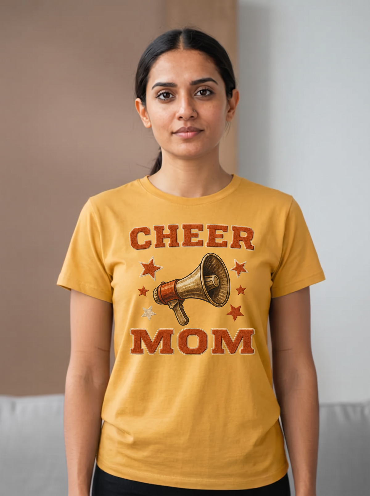 Cheer Mom Varsity T-Shirt - Mustard (lifestyle)