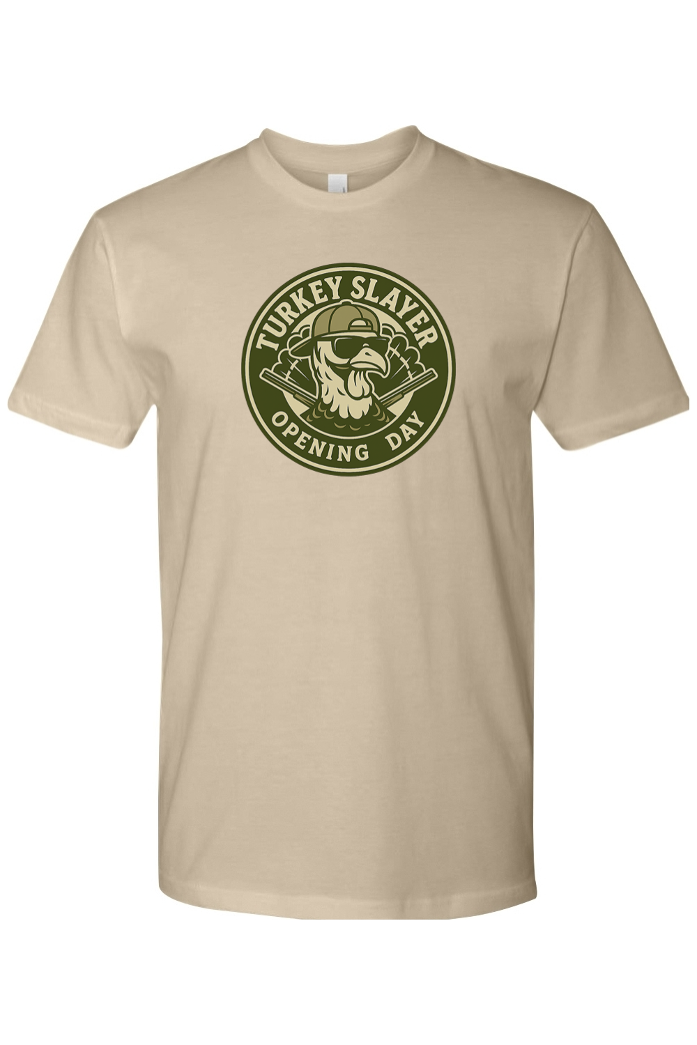 Dark beige Thanksgiving t-shirt with "Turkey Slayer Opening Day" text with a turkey badge design funny hunting fall short sleeve shirt