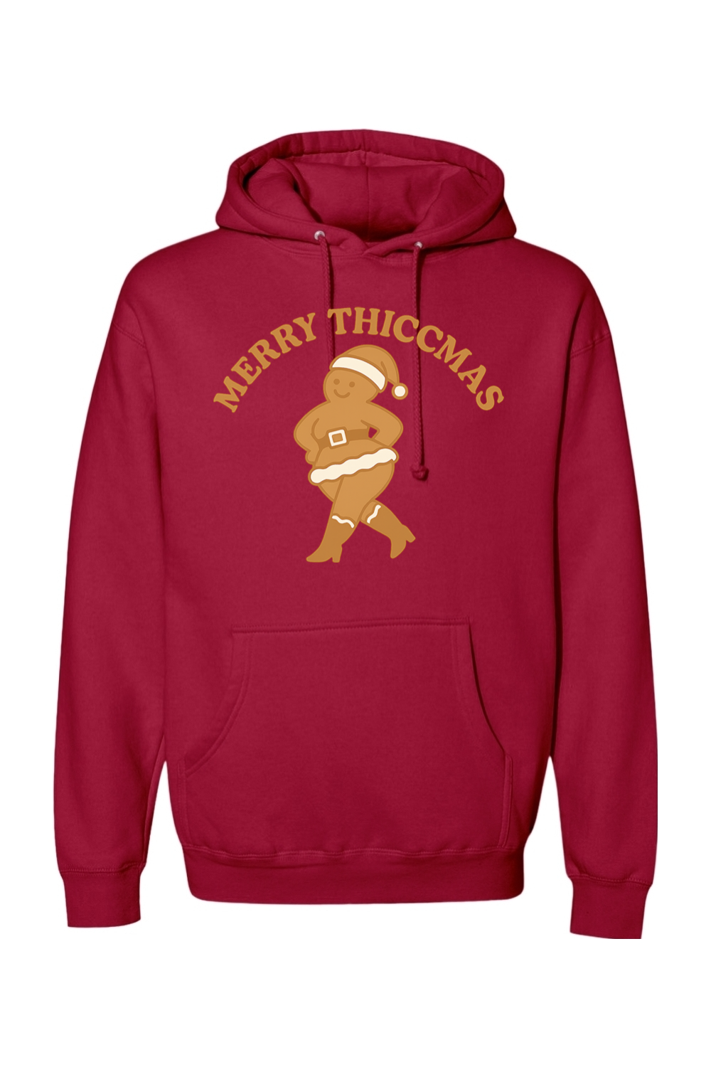 Red Christmas hoodie with "Merry Thiccmas" text and a curvy gingerbread woman design funny humor edgy holiday festive long sleeve hooded sweatshirt