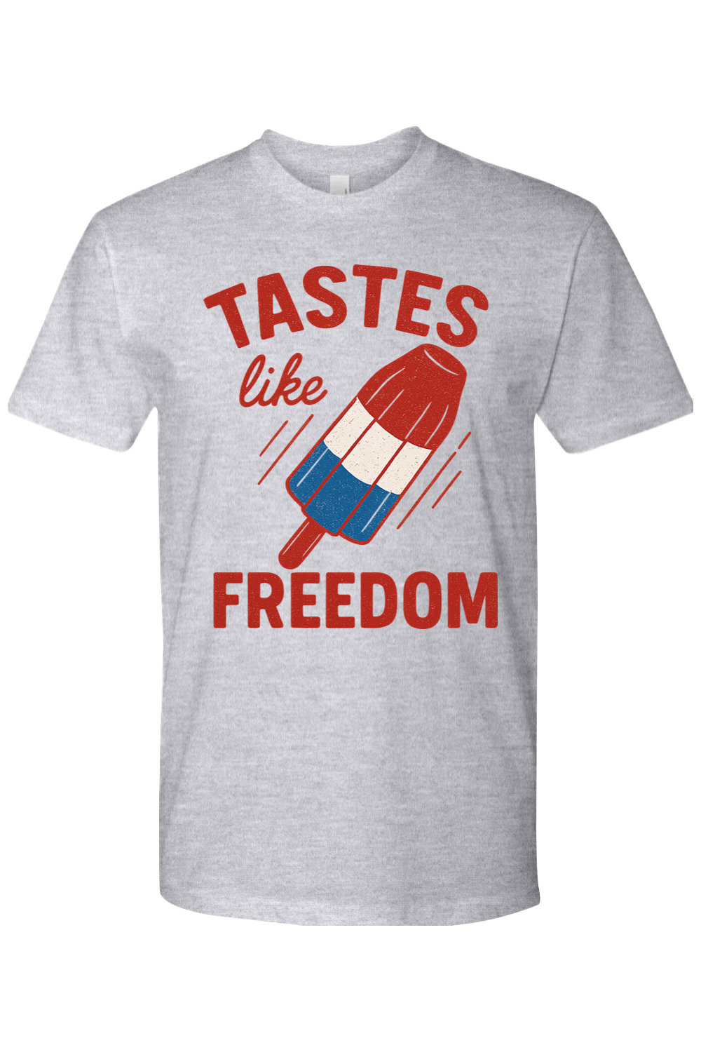 Gray t-shirt with a graphic of a Popsicle Firecracker Ice Pop and text 'Tastes like freedom'.