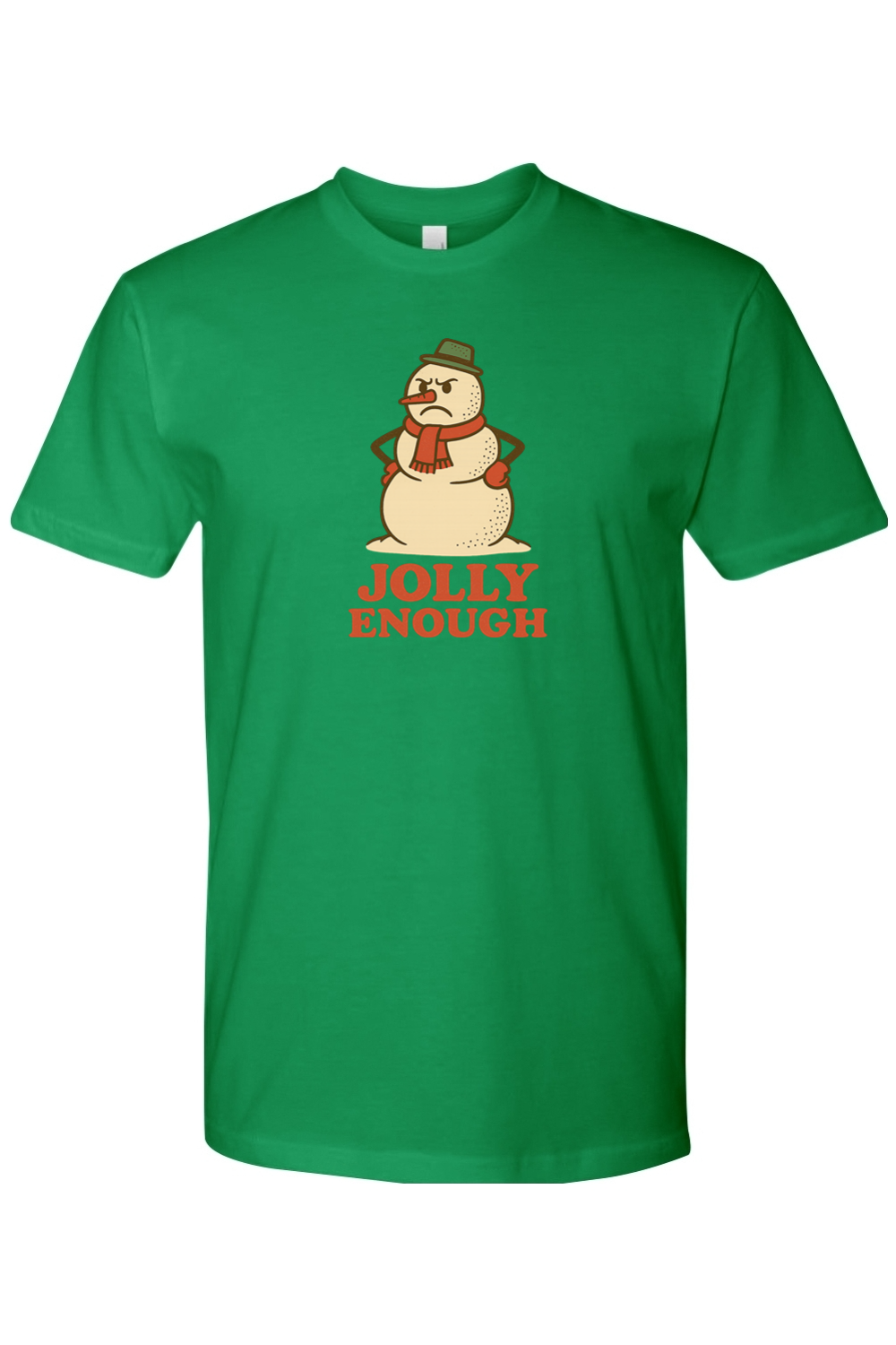 Green vintage Christmas t-shirt with "Jolly Enough" text with a grumpy snowman design funny sarcastic holiday humor short sleeve shirt