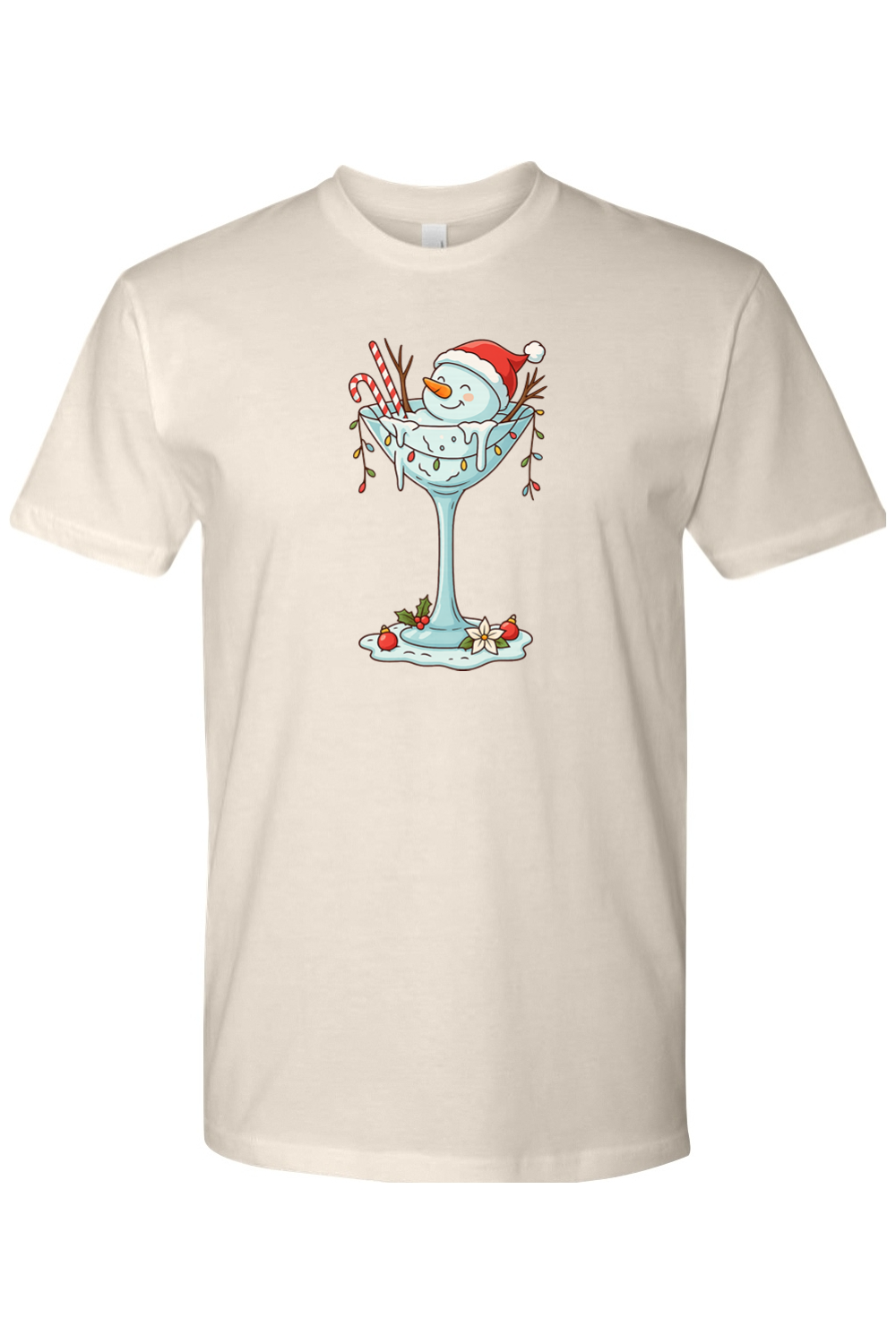 Cream Christmas t-shirt with a melted snowman sitting in a martini glass with candy canes, lights, and ornaments design cute festive holiday short sleeve shirt