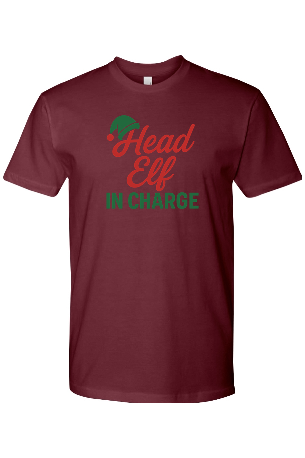 Maroon Christmas t-shirt with "Head Elf in Charge" text with an elf hat sitting on top of the H funny sarcastic holiday humor short sleeve shirt