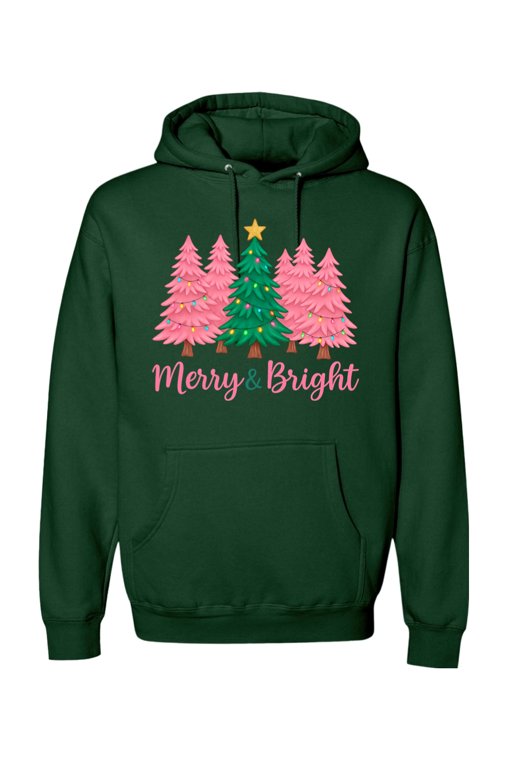 Dark green Christmas hoodie with pink and green Christmas trees design with text "Merry & Bright" cute trendy festive holiday long sleeve hooded sweatshirt