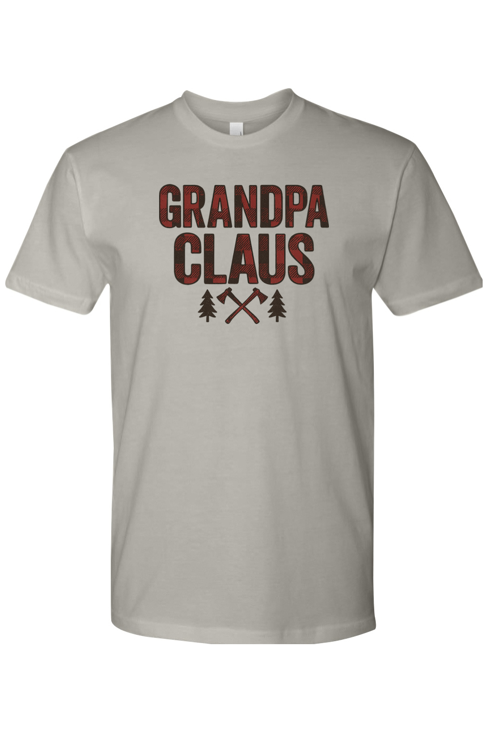 Gray Christmas t-shirt with "Grandpa Claus" text in buffalo plaid with two axes and two trees design cool trendy grandpa grandparent holiday short sleeve shirt