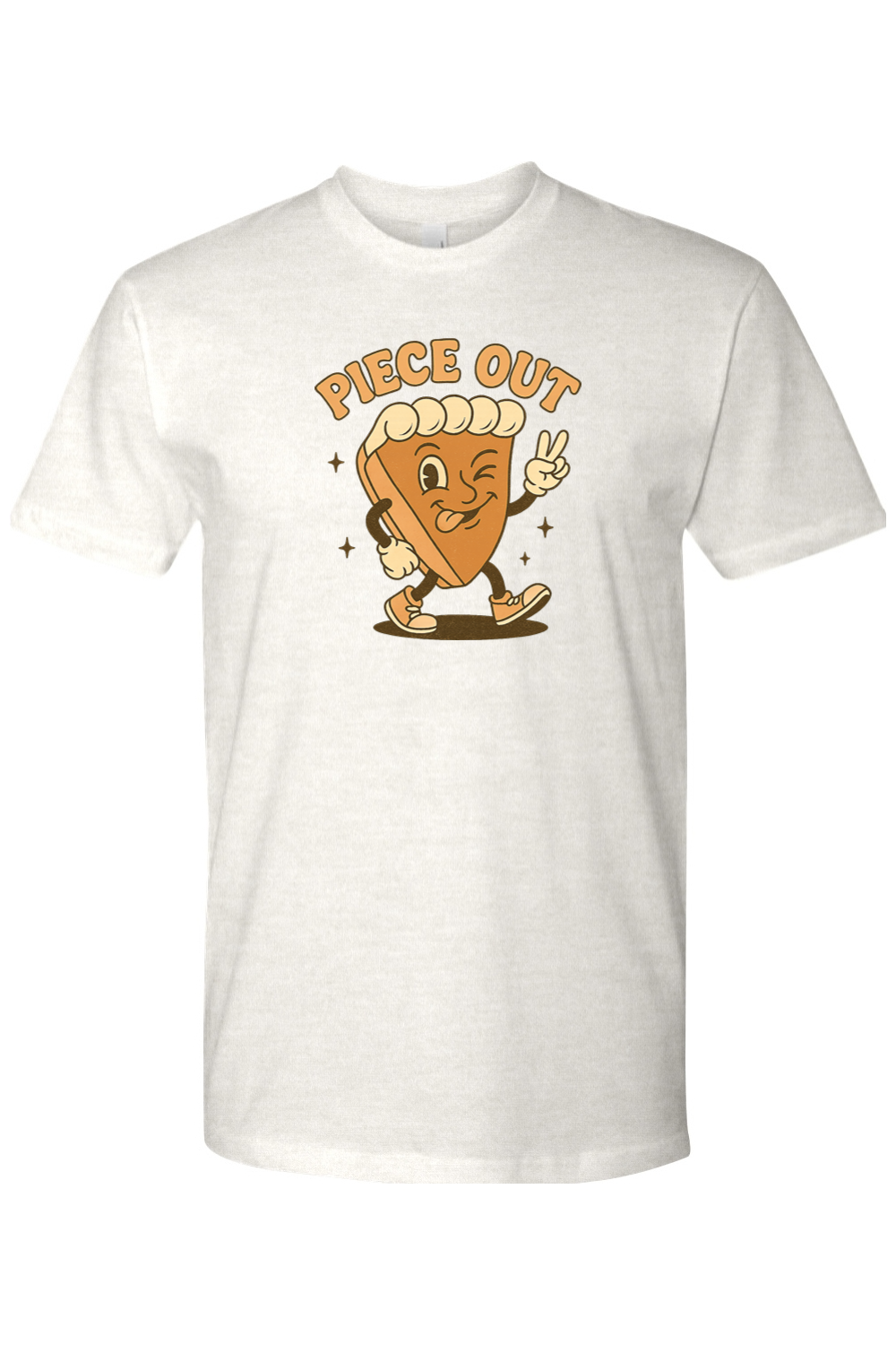 Light cream Thanksgiving t-shirt with "Piece Out" text and a slice of pie winking and giving a peace sign cool retro trendy fall holiday short sleeve shirt