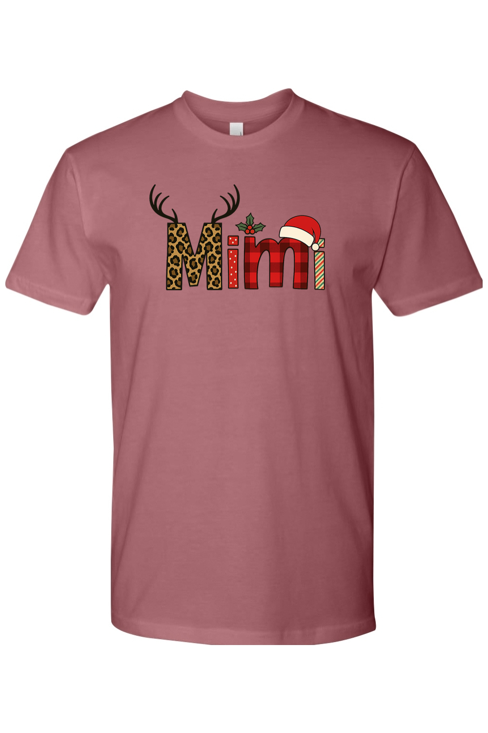 Mauve dark pink Christmas t-shirt with "Mimi" text antler design and the letters filled with leopard print, plaid, polka dots, and stripes cute grandma festive holiday short sleeve shirt