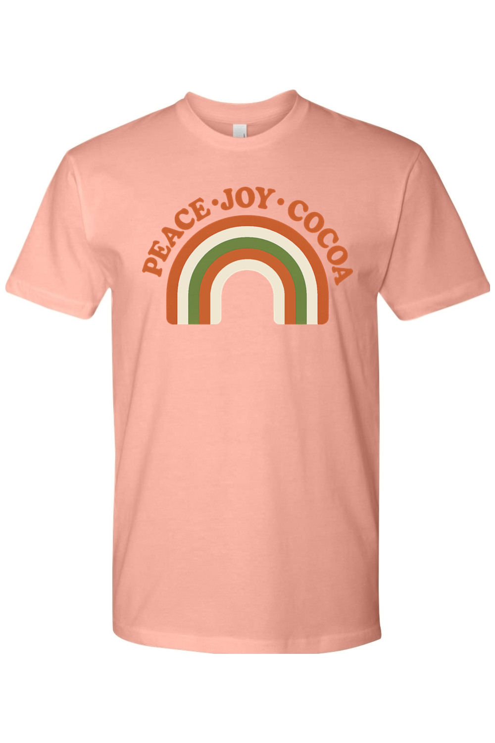 Pink vintage Christmas t-shirt with "Peace Joy Cocoa" text and a retro rainbow design cool trendy holiday short sleeve shirt