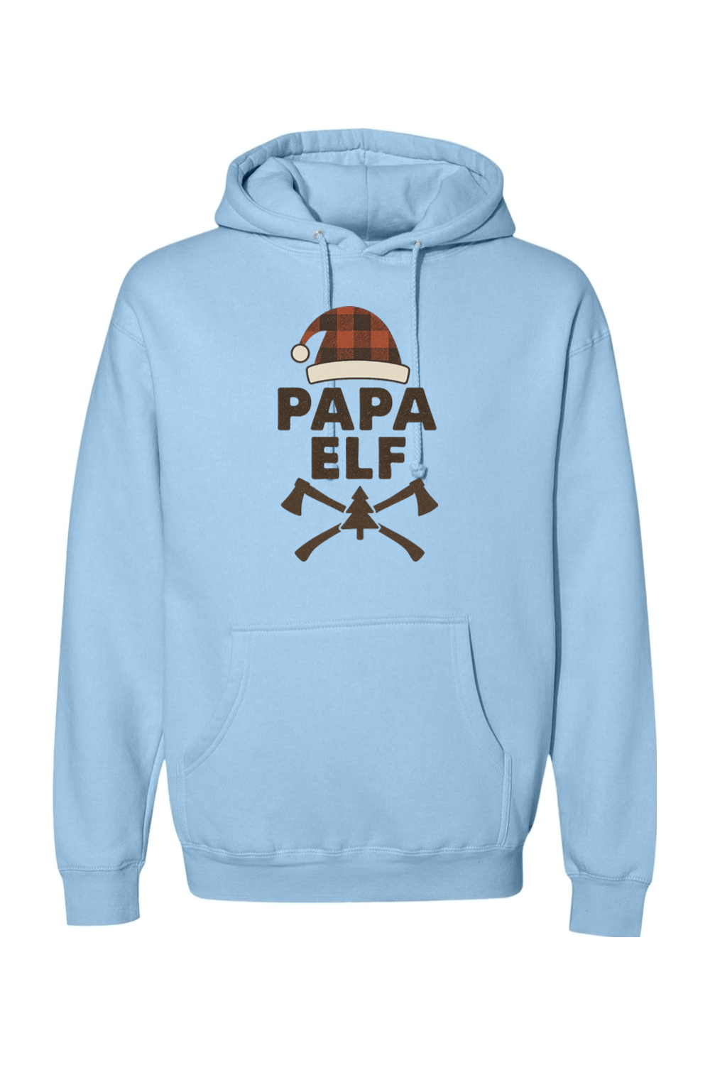 Light blue Christmas hoodie with "Papa Elf" text with a plaid elf hat and pine tree and axe design festive men's holiday long sleeve hooded sweatshirt