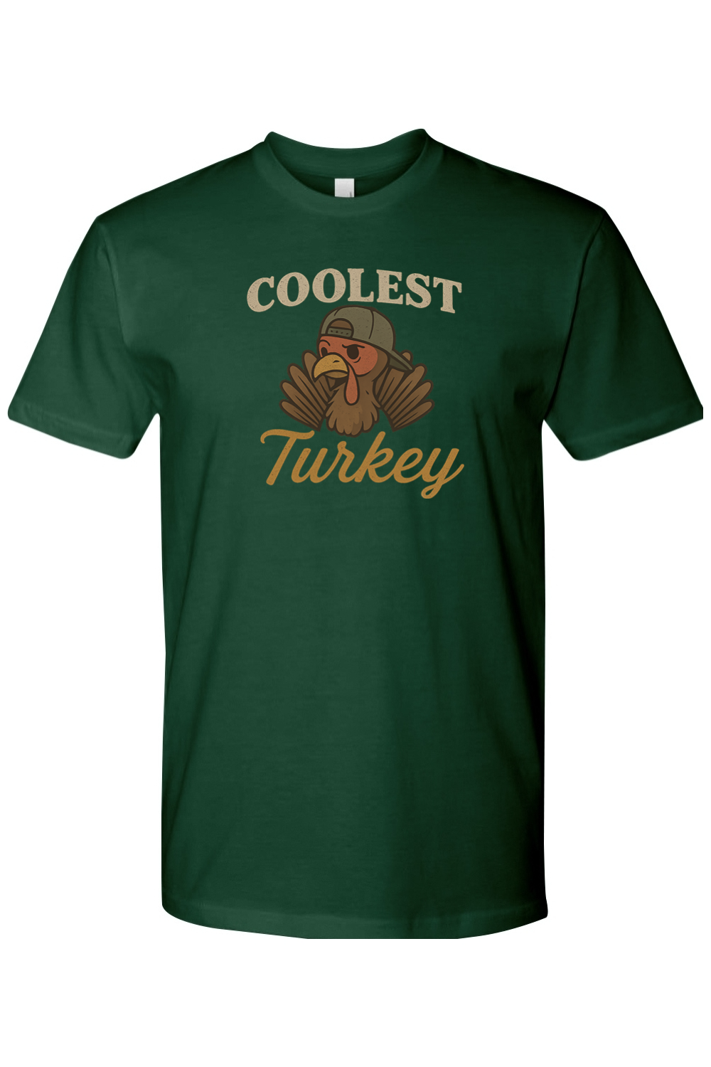 Dark green Thanksgiving t-shirt with "Coolest Turkey" text with a turkey in a backwards hat design cool funny fall holiday short sleeve shirt