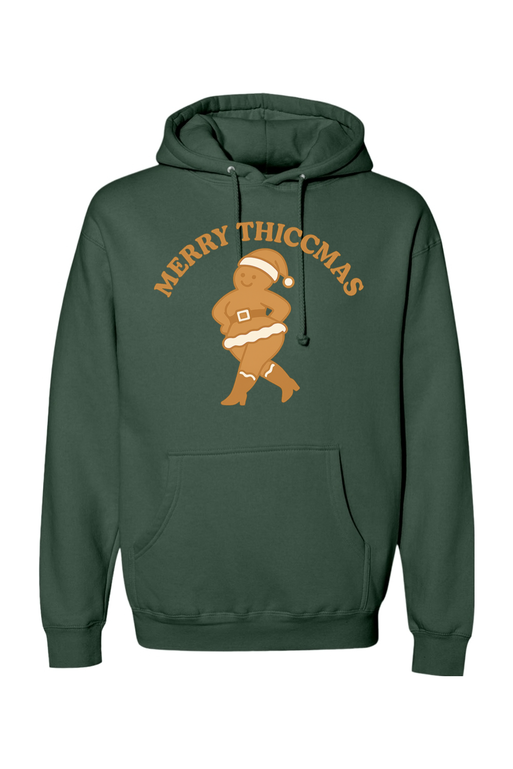 Pine green Christmas hoodie with "Merry Thiccmas" text and a curvy gingerbread woman design funny humor edgy holiday festive long sleeve hooded sweatshirt