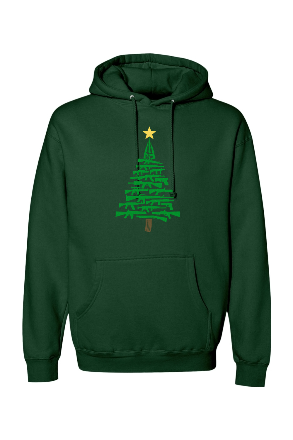 Dark green Christmas hoodie with a Christmas tree design made out of rifles cool tactical men's holiday long sleeve hooded sweatshirt