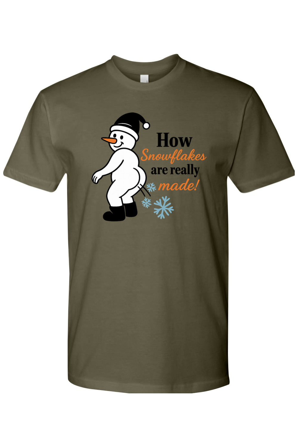 Olive green Christmas t-shirt with "How Snowflakes are Really Made" text with a snowman blowing snowflakes out of his rear end funny sarcastic holiday humor short sleeve shirt