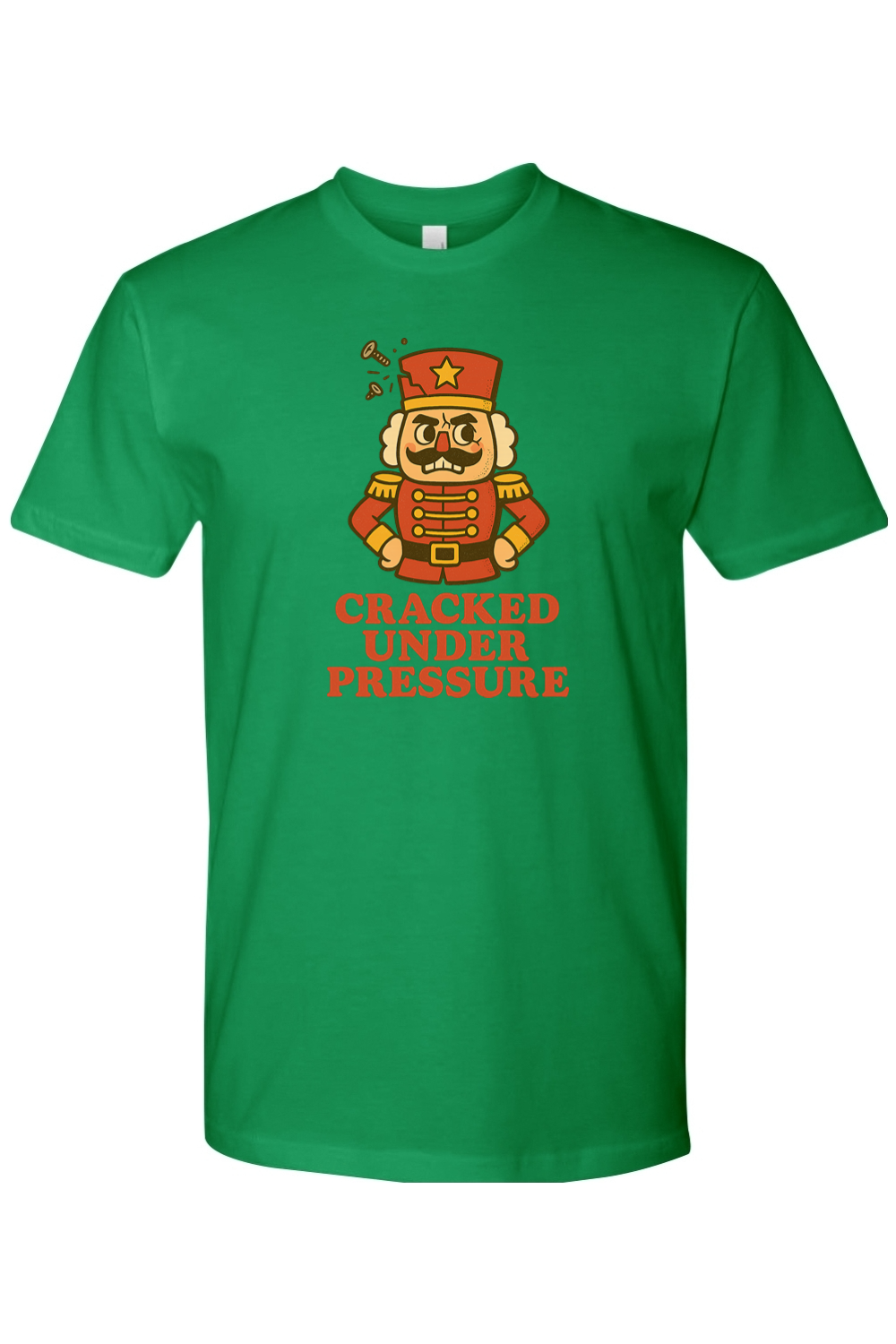 Green vintage Christmas t-shirt with "Cracked Under Pressure" text and a cracking nutcracker design funny sarcastic retro holiday short sleeve shirt