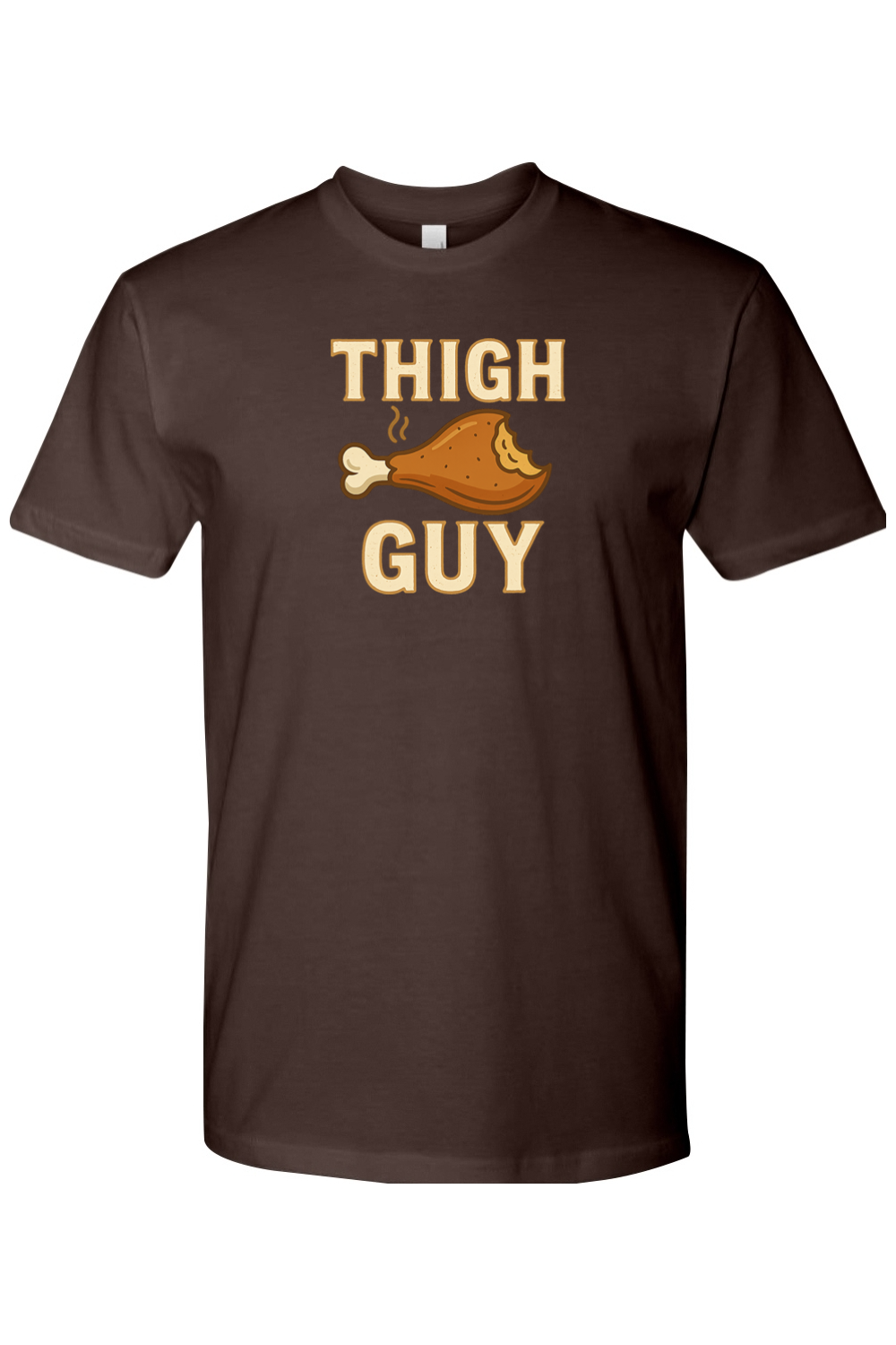 Brown Thanksgiving t-shirt with "Thigh Guy" text and a turkey leg design funny gym humor fall holiday short sleeve shirt