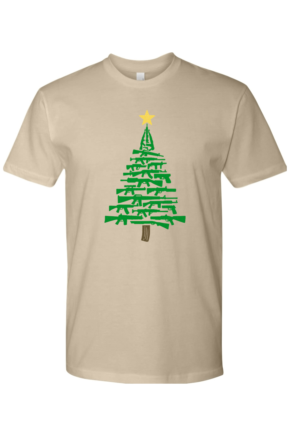 Beige Christmas t-shirt with a Christmas tree design made out of rifles cool tactical men's holiday short sleeve shirt