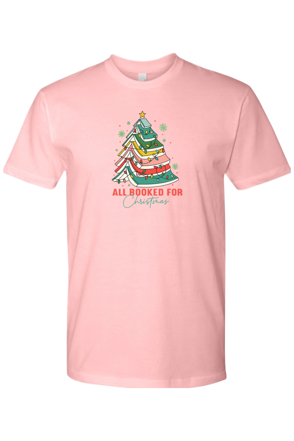 Light pink Christmas t-shirt with "All Booked For Christmas" text and a Christmas tree made out of books design cute trendy book lover librarian festive holiday short sleeve shirt