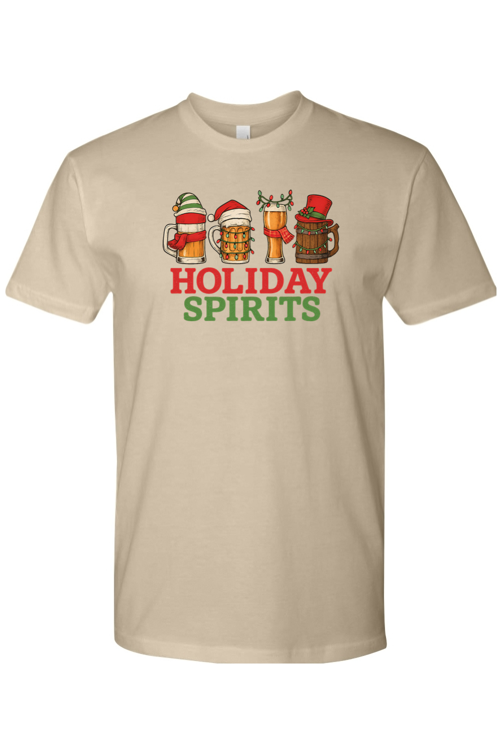 Sand cream funny Christmas beer t-shirt text Holiday Spirits with beer mug design 