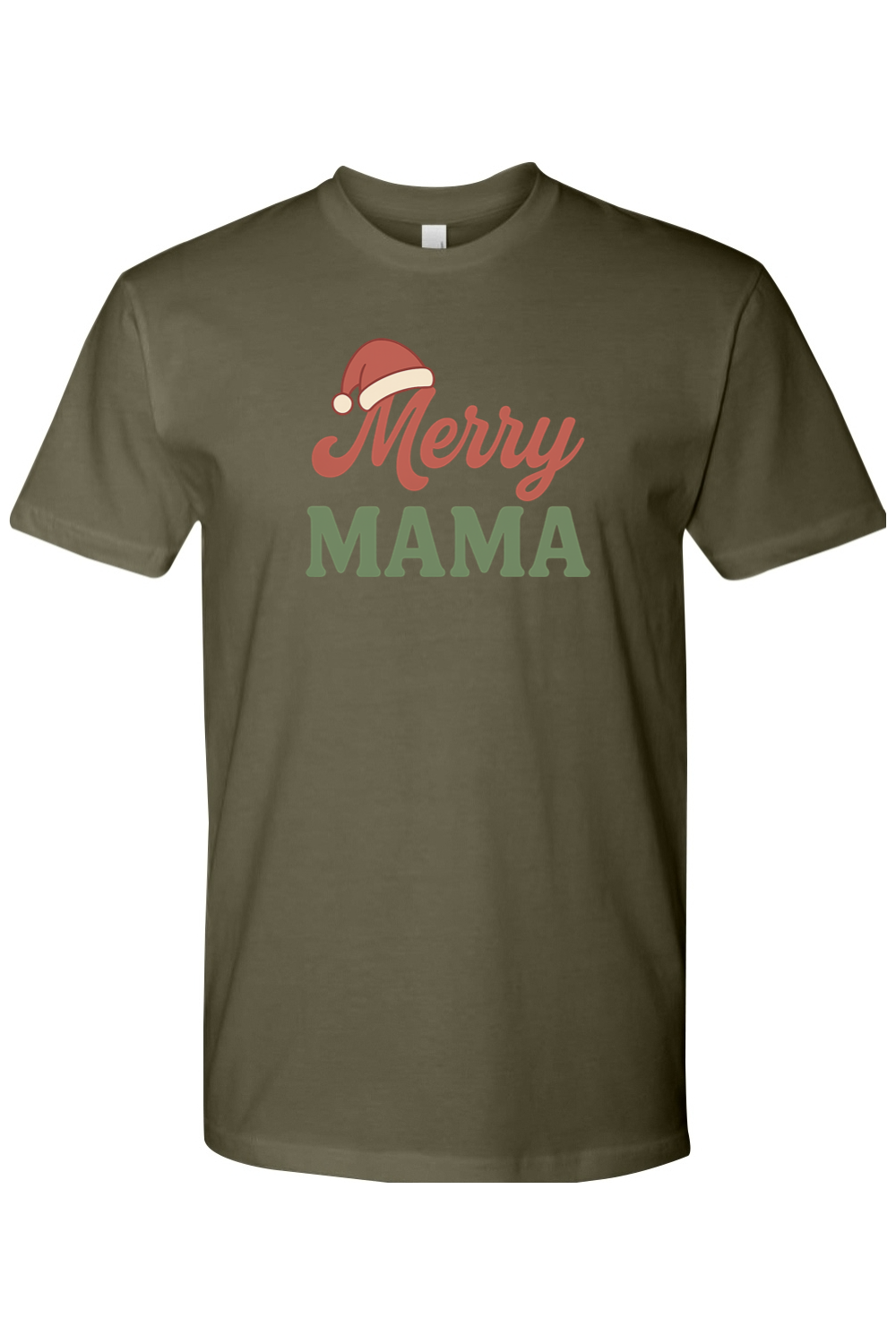 Olive green Christmas t-shirt with "Merry Mama" text with a Santa hat over the M in Merry cute trendy mom mother holiday short sleeve shirt