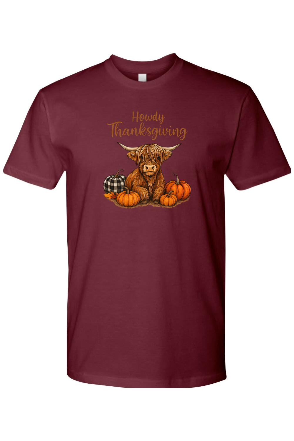 Maroon Thanksgiving t-shirt with "Howdy Thanksgiving" text and a highland cow with pumpkins cute country fall holiday short sleeve shirt