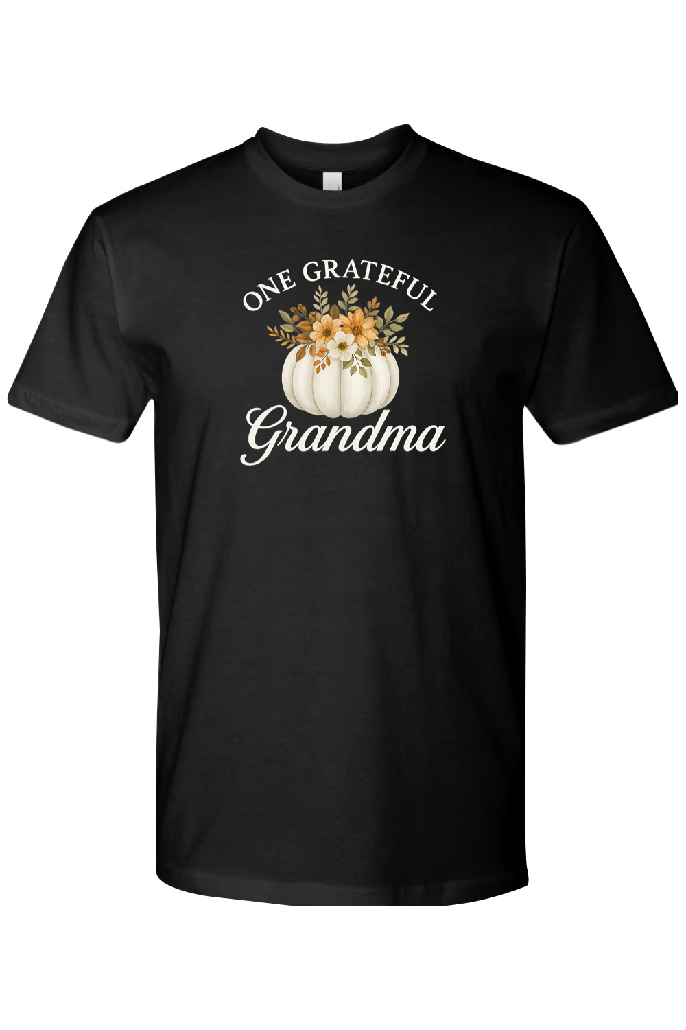 Black Thanksgiving t-shirt with "One Grateful Grandma" text and a pumpkin with flowers design cute grandparent fall holiday short sleeve shirt