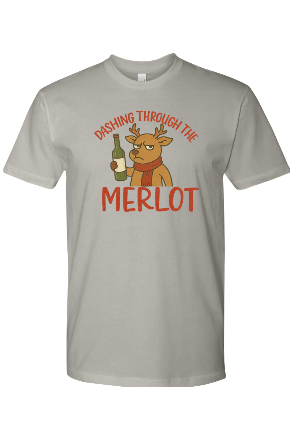 Gray Christmas t-shirt with "Dashing Through the Merlot" text with a grouchy reindeer holding a bottle of wine design funny sarcastic holiday humor short sleeve shirt