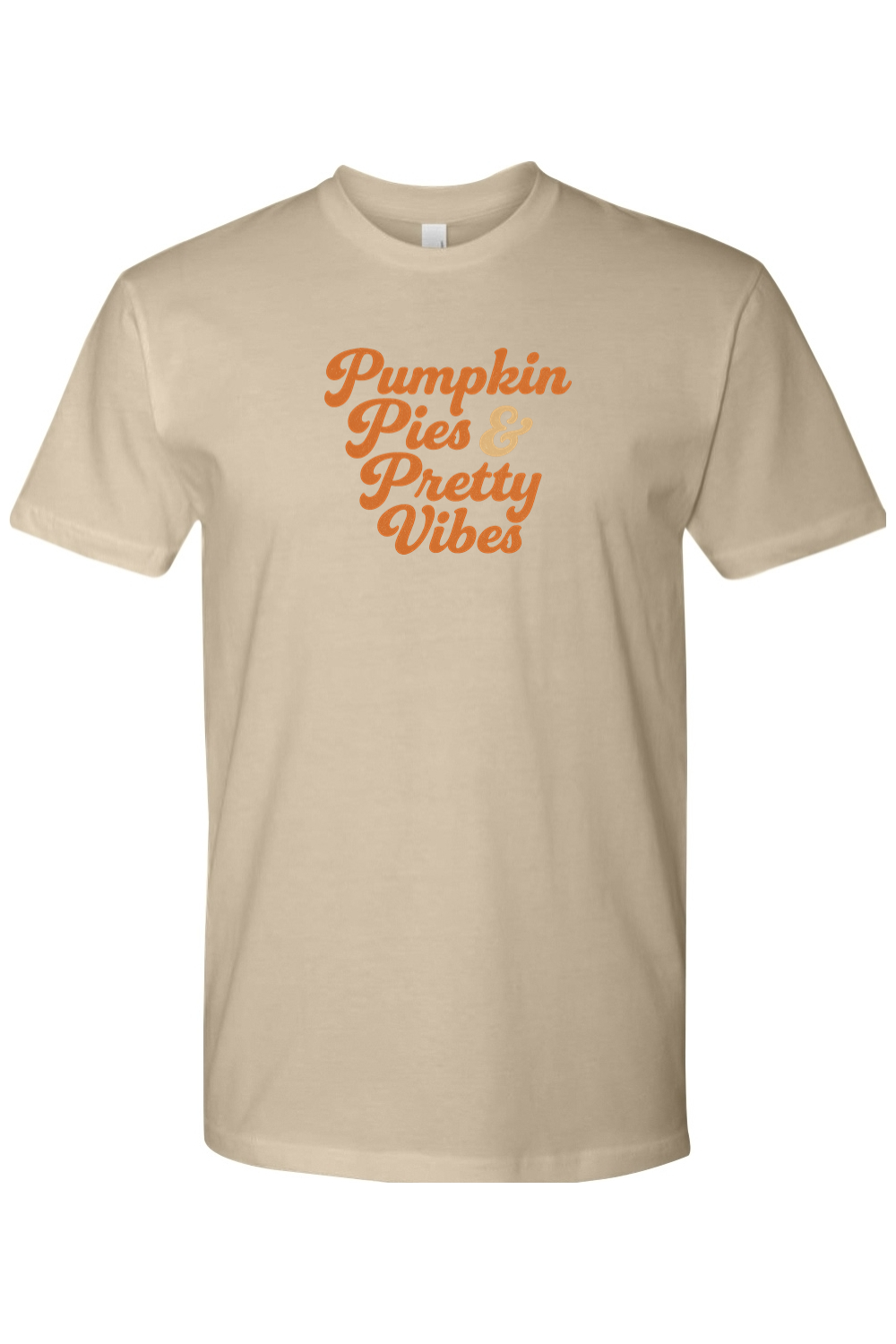 Dark beige Thanksgiving t-shirt with "Pumpkin Pies & Pretty Vibes" text in a cursive font cute trendy fall holiday short sleeve shirt