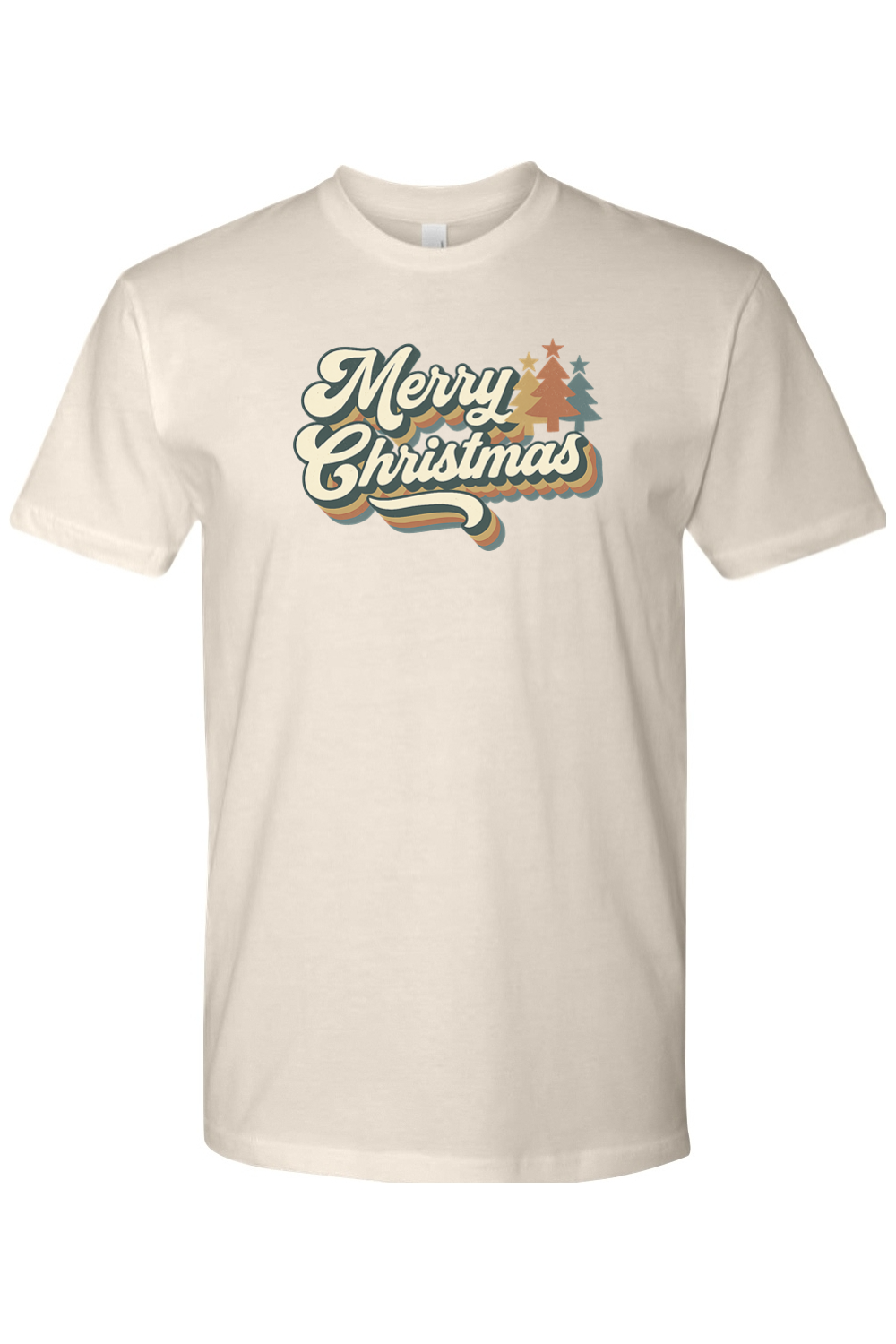 Beige cream Christmas t-shirt with "Merry Christmas" text in retro bubble font and Christmas trees design cute trendy festive holiday short sleeve shirt