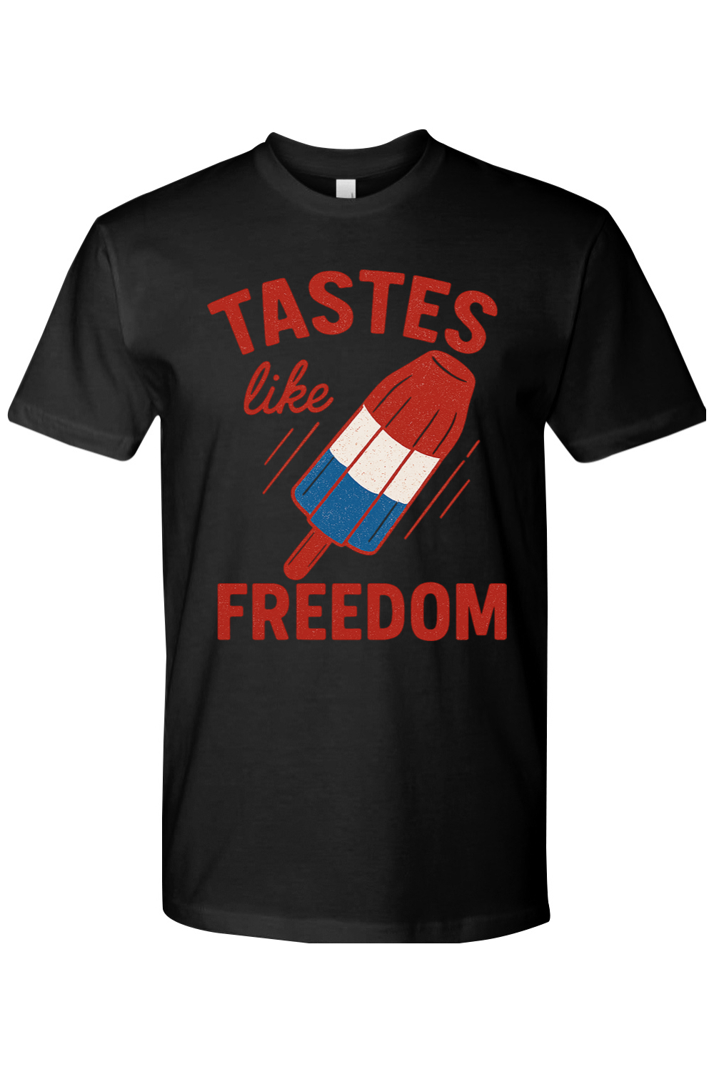 Black t-shirt with a graphic of a Popsicle Firecracker Ice Pop and text 'Tastes like freedom'.