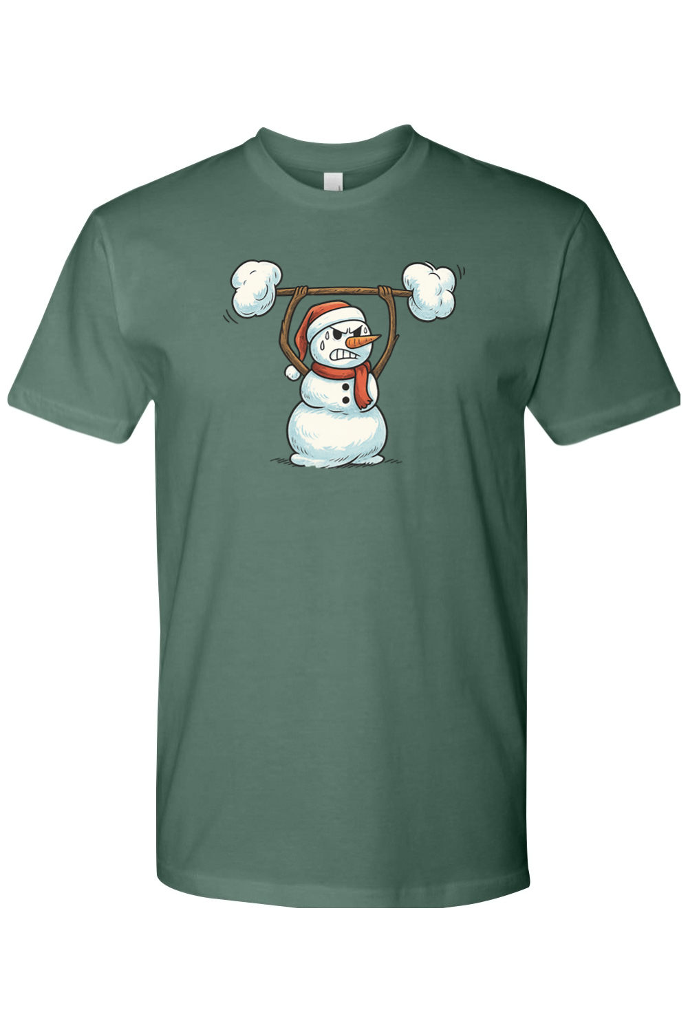 Pine green Christmas t-shirt with a snowman lifting a snow barbell design funny gym humor festive holiday short sleeve shirt