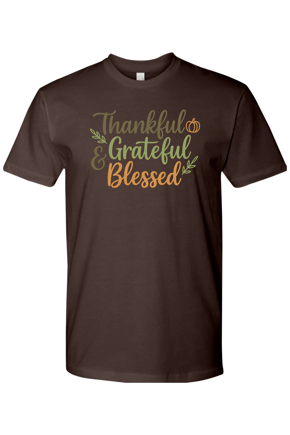 Brown Thanksgiving t-shirt with "Thankful Grateful & Blessed" text with leaves and pumpkin design cute trendy fall holiday short sleeve shirt