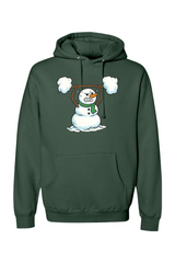 Green Christmas hoodie with a snowman lifting a snow barbell design funny gym humor winter holiday long sleeve hooded sweatshirt
