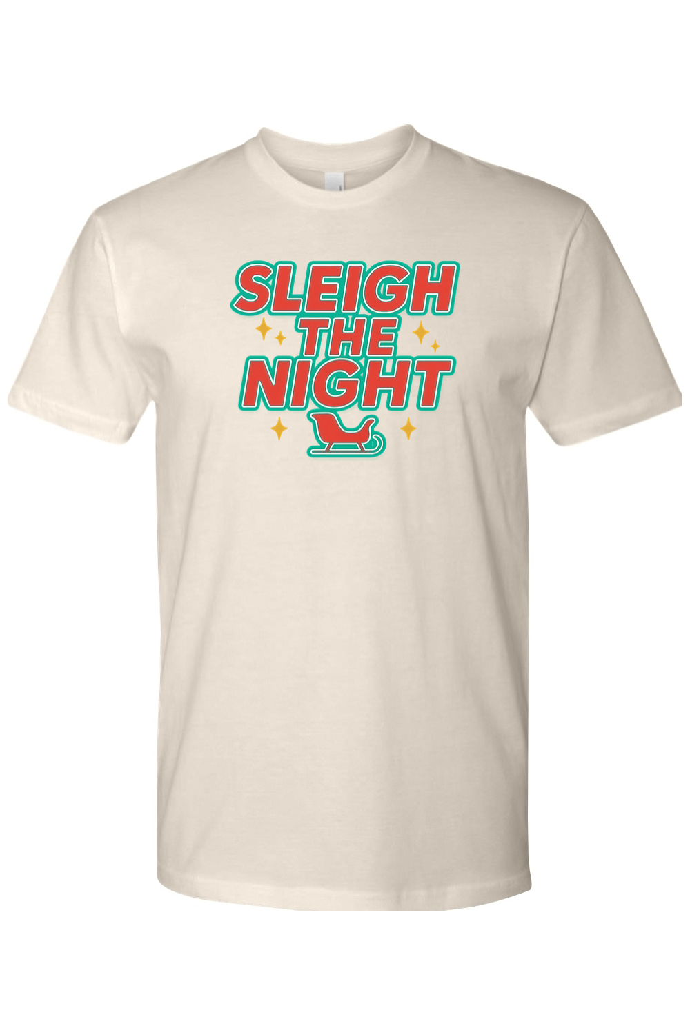 Cream vintage Christmas t-shirt with "Sleigh the Night" text with stars and sleigh design retro trendy holiday short sleeve shirt