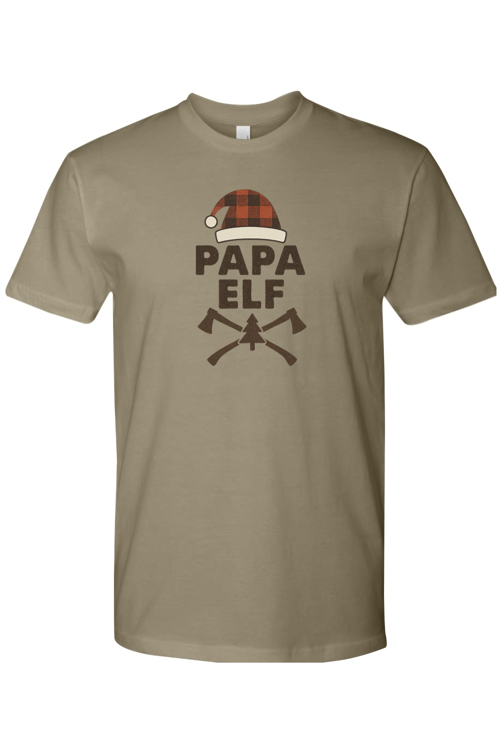 Olive green Christmas t-shirt with "Papa Elf" text with a plaid elf hat and pine tree and axe design festive men's holiday short sleeve shirt