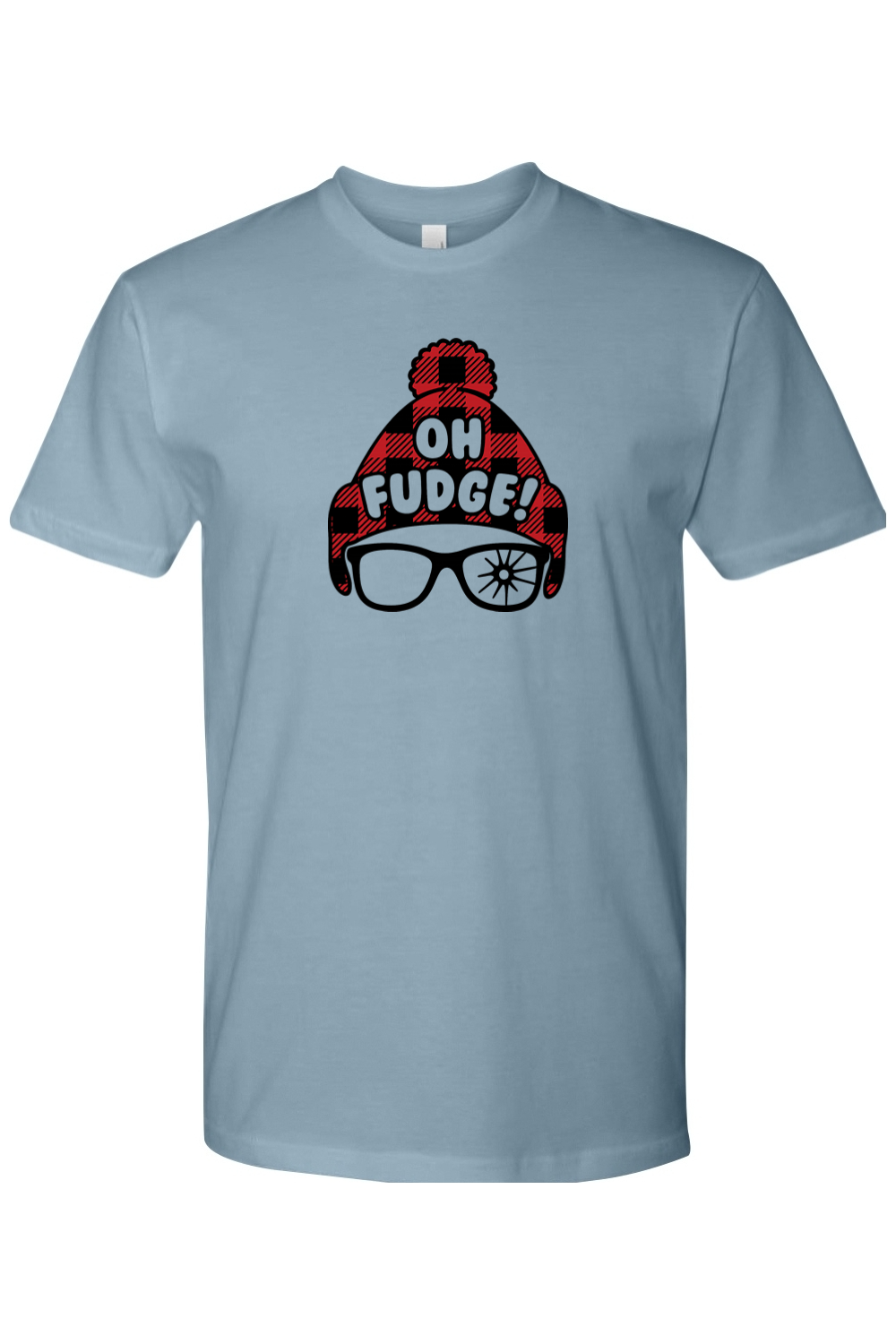 Blue Christmas t-shirt with "Oh Fudge!" text and a plaid hat and broken glasses design funny holiday humor short sleeve shirt