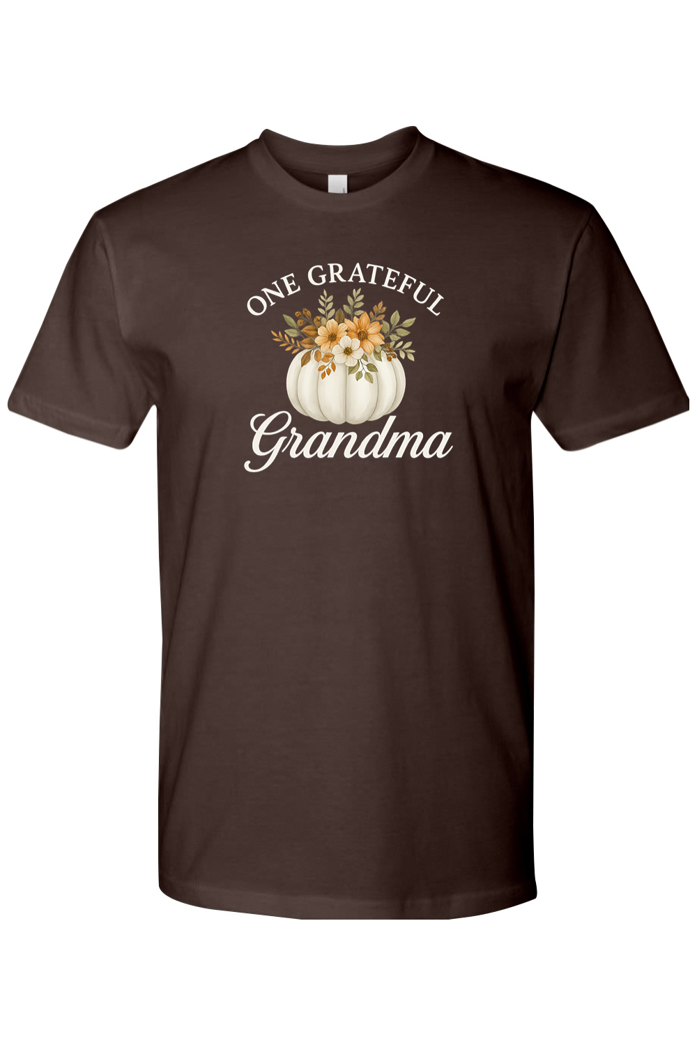 Brown Thanksgiving t-shirt with "One Grateful Grandma" text and a pumpkin with flowers design cute grandparent fall holiday short sleeve shirt
