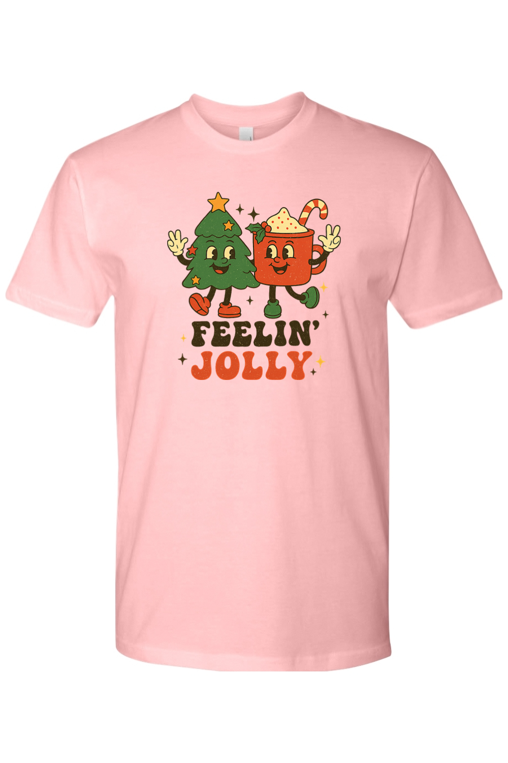 Light pink Feeling Jolly text with retro Christmas Tree and Hot Cocoa design t-shirt cute trendy holiday short sleeve shirt