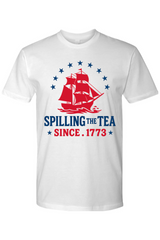 White t-shirt with red ship graphic and text 'Spilling the Tea Since 1773' on a white background
