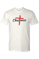 Oatmeal light cream Christmas Cross t-shirt Jesus Christian holiday faith short sleeve shirt