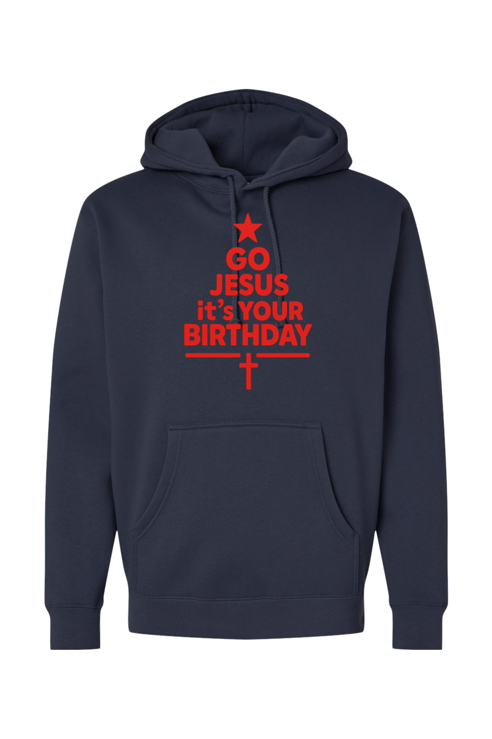 Navy blue Christmas hoodie with "Go Jesus It's Your Birthday" text in red with a star and cross all made into a Christmas tree design religious Christian God funny holiday long sleeve hooded sweatshirt