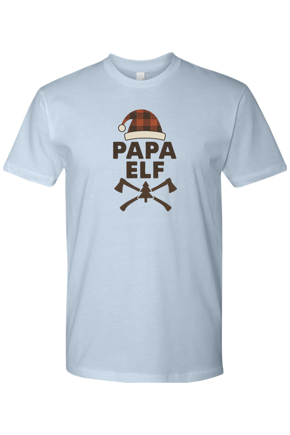 Light blue Christmas t-shirt with "Papa Elf" text with a plaid elf hat and pine tree and axe design festive men's holiday short sleeve shirt