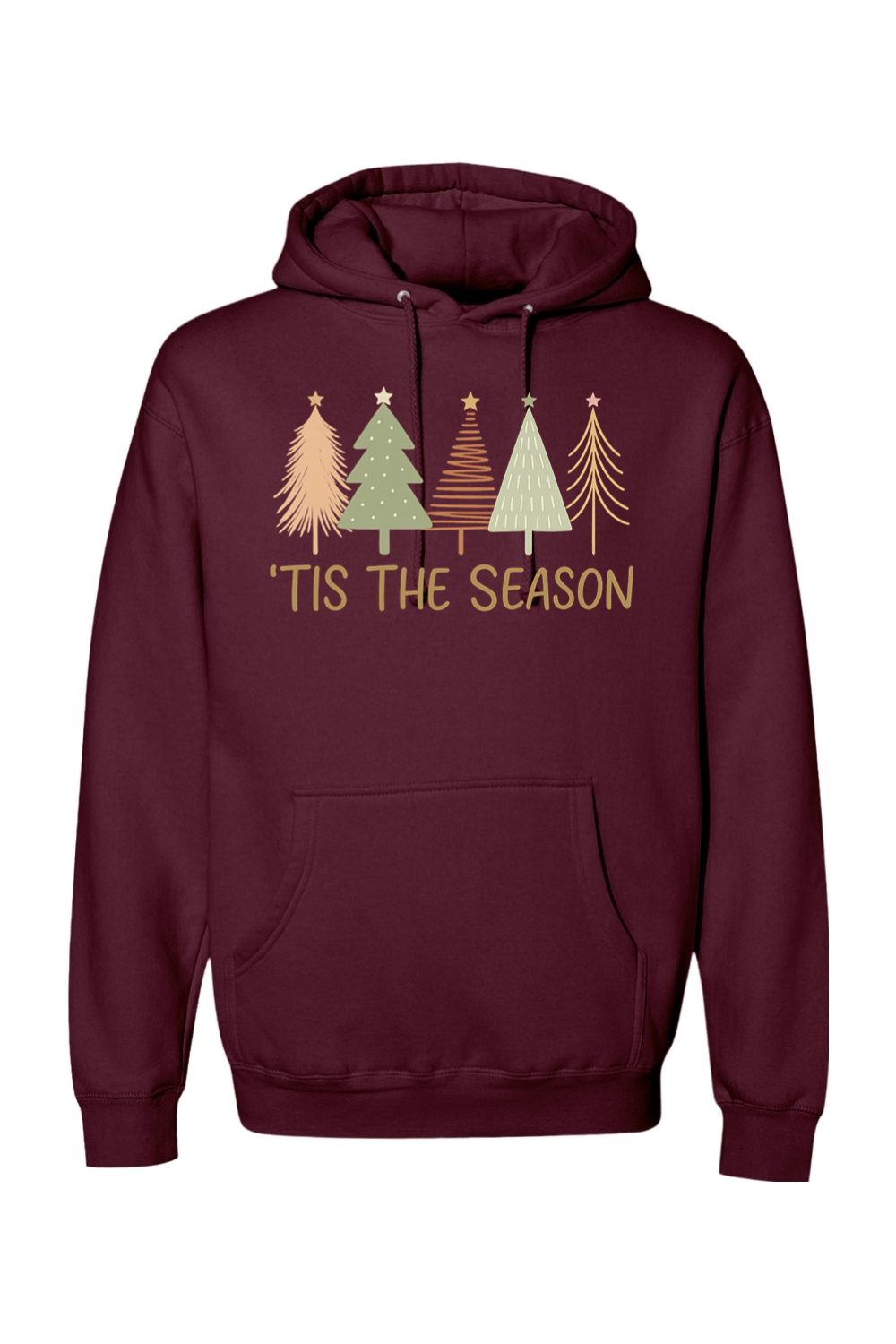 Maroon Christmas hoodie with "'Tis the Season" text and pastel colored Christmas trees design cute trendy festive holiday long sleeve hooded sweatshirt